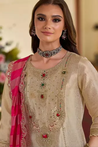women ethnic motifs embroidered regular beads and stones kurta with trousers & with dupatta