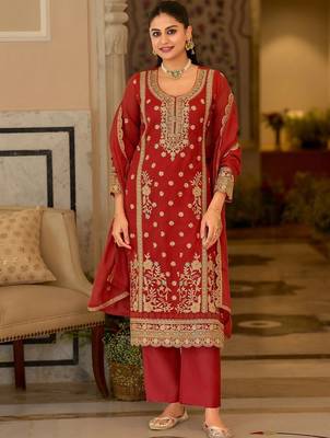 women ethnic motifs embroidered regular thread work kurta with palazzos & with dupatta 1