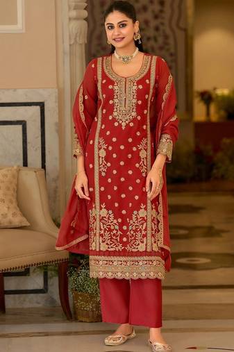 women ethnic motifs embroidered regular thread work kurta with palazzos & with dupatta