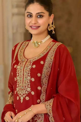 women ethnic motifs embroidered regular thread work kurta with palazzos & with dupatta
