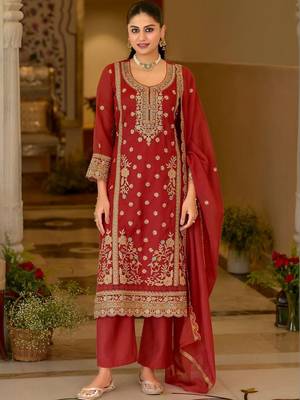 women ethnic motifs embroidered regular thread work kurta with palazzos & with dupatta 3
