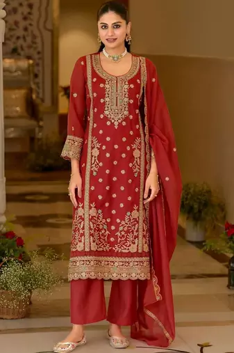 women ethnic motifs embroidered regular thread work kurta with palazzos & with dupatta