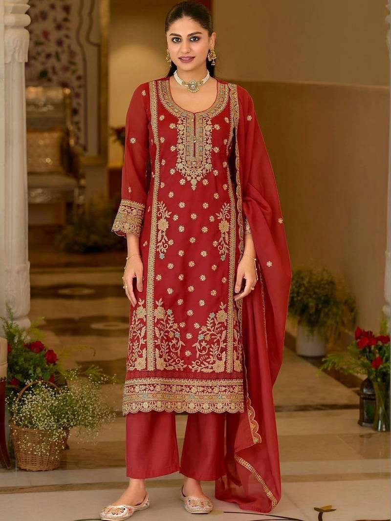 women ethnic motifs embroidered regular thread work kurta with palazzos & with dupatta