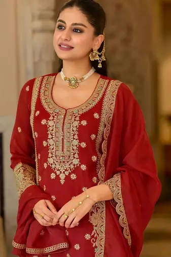 women ethnic motifs embroidered regular thread work kurta with palazzos & with dupatta