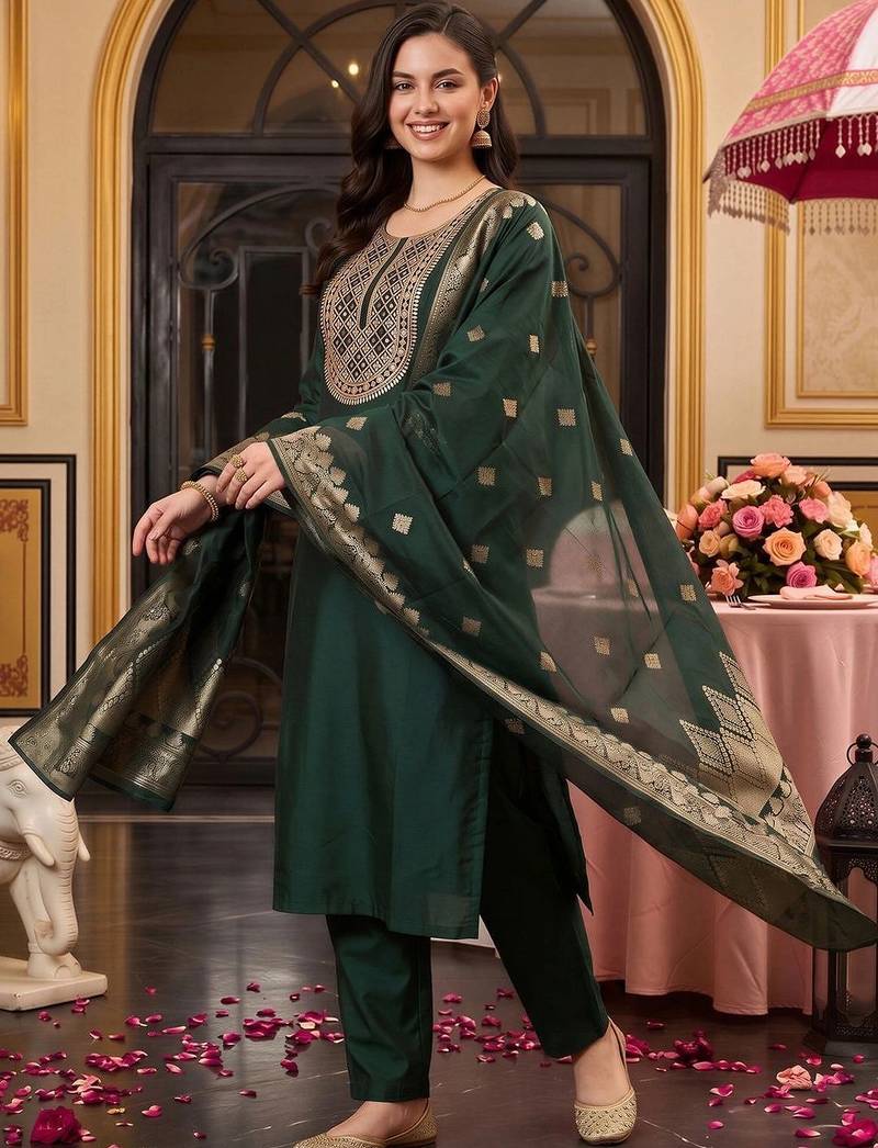 women ethnic motifs embroidered regular mirror work liva kurta with trousers & with dupatta