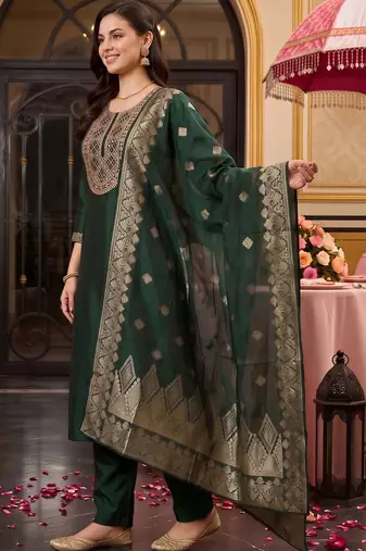 women ethnic motifs embroidered regular mirror work liva kurta with trousers & with dupatta