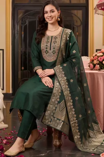 women ethnic motifs embroidered regular mirror work liva kurta with trousers & with dupatta