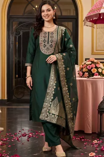 women ethnic motifs embroidered regular mirror work liva kurta with trousers & with dupatta