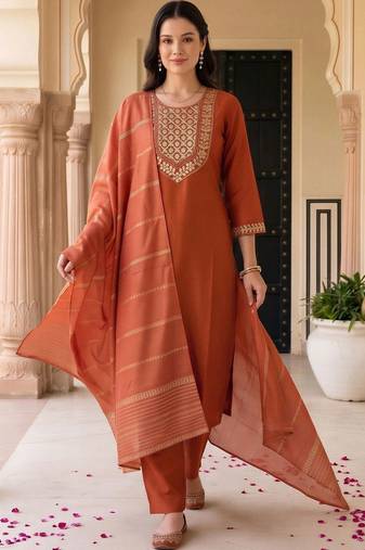 women ethnic motifs embroidered regular thread work kurta with trousers & with dupatta