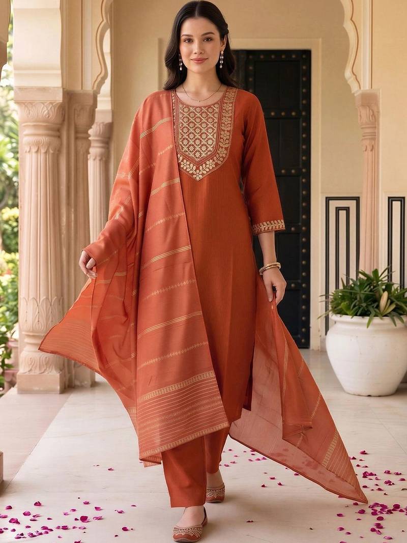 women ethnic motifs embroidered regular thread work kurta with trousers & with dupatta