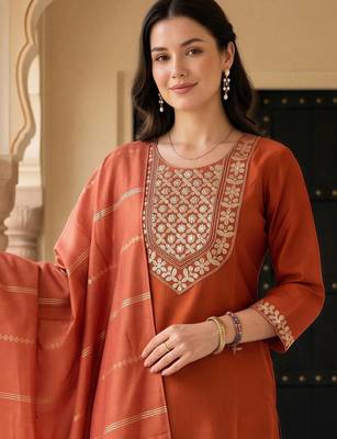 women ethnic motifs embroidered regular thread work kurta with trousers & with dupatta 2