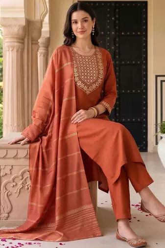 women ethnic motifs embroidered regular thread work kurta with trousers & with dupatta