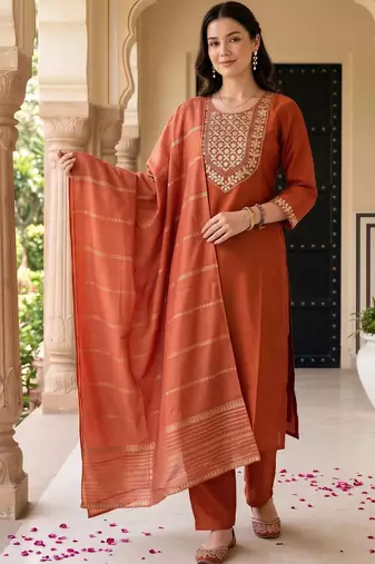 women ethnic motifs embroidered regular thread work kurta with trousers & with dupatta