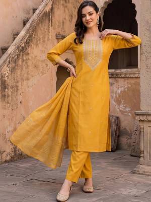 women ethnic motifs embroidered regular thread work liva kurta with trousers & with dupatta 1
