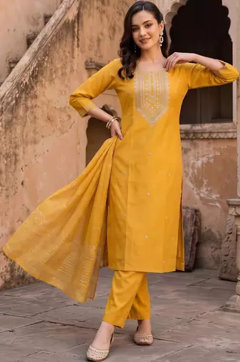 women ethnic motifs embroidered regular thread work liva kurta with trousers & with dupatta