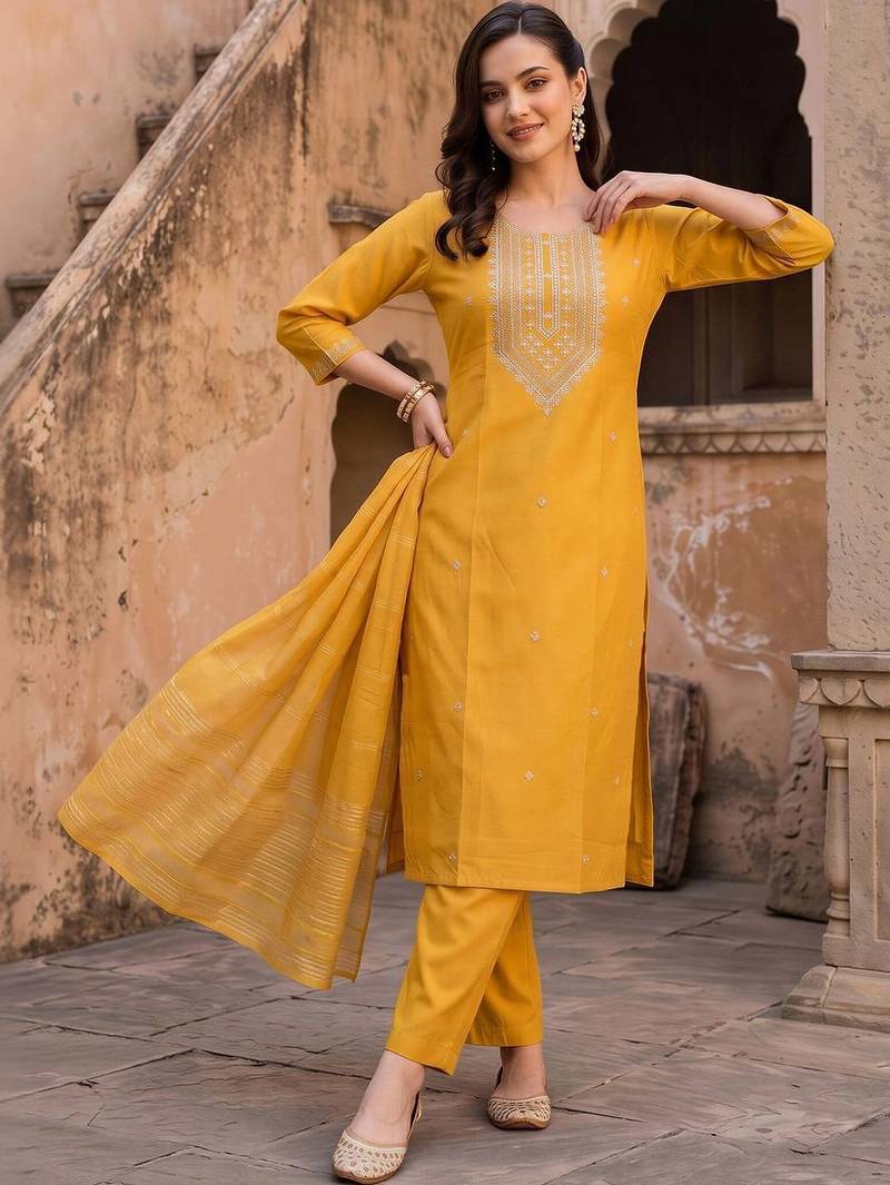 women ethnic motifs embroidered regular thread work liva kurta with trousers & with dupatta
