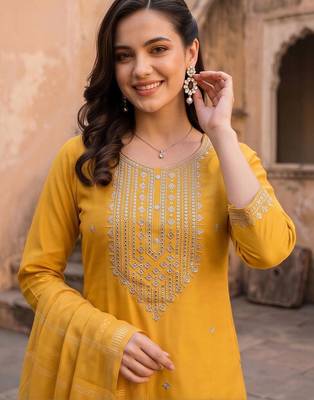 women ethnic motifs embroidered regular thread work liva kurta with trousers & with dupatta 2