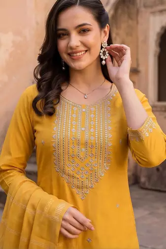 women ethnic motifs embroidered regular thread work liva kurta with trousers & with dupatta