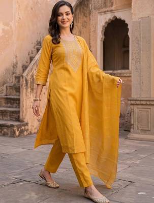 women ethnic motifs embroidered regular thread work liva kurta with trousers & with dupatta 3