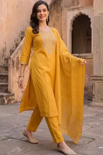 women ethnic motifs embroidered regular thread work liva kurta with trousers & with dupatta