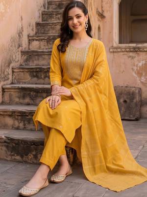 women ethnic motifs embroidered regular thread work liva kurta with trousers & with dupatta 5