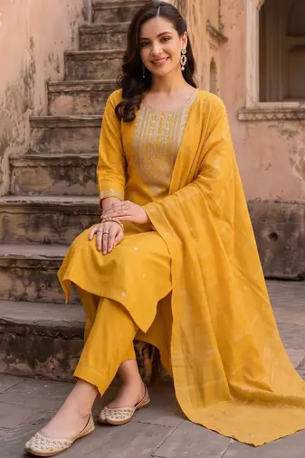 women ethnic motifs embroidered regular thread work liva kurta with trousers & with dupatta