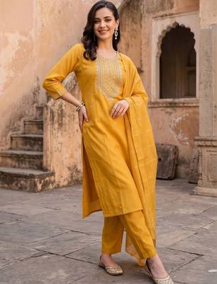 women ethnic motifs embroidered regular thread work liva kurta with trousers & with dupatta 6