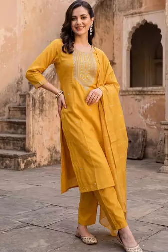 women ethnic motifs embroidered regular thread work liva kurta with trousers & with dupatta