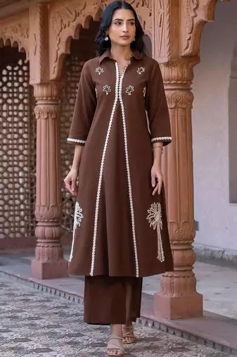 women ethnic motifs embroidered regular thread work cotton kurta with trousers