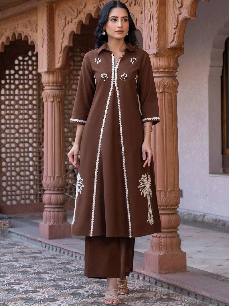women ethnic motifs embroidered regular thread work cotton kurta with trousers