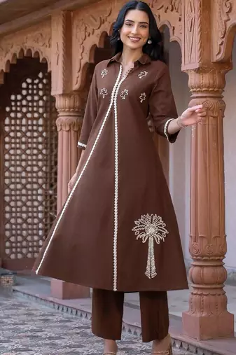 women ethnic motifs embroidered regular thread work cotton kurta with trousers