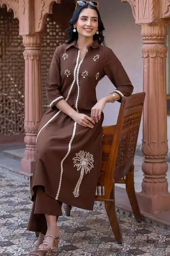 women ethnic motifs embroidered regular thread work cotton kurta with trousers