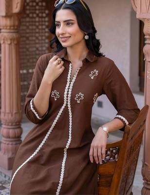 women ethnic motifs embroidered regular thread work cotton kurta with trousers 5