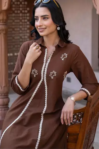 women ethnic motifs embroidered regular thread work cotton kurta with trousers