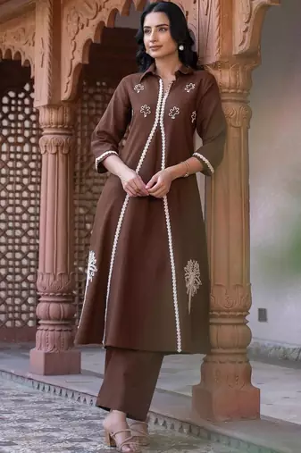women ethnic motifs embroidered regular thread work cotton kurta with trousers