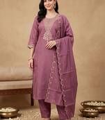 women ethnic motifs embroidered regular thread work kurta with trousers & with dupatta