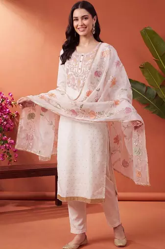 women ethnic motifs embroidered regular thread work kurta with trousers & with dupatta