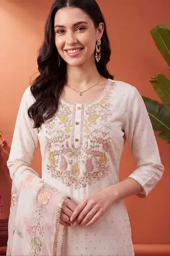 women ethnic motifs embroidered regular thread work kurta with trousers & with dupatta