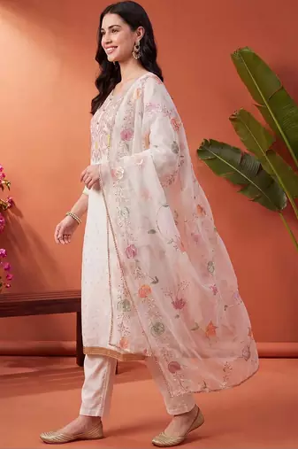 women ethnic motifs embroidered regular thread work kurta with trousers & with dupatta