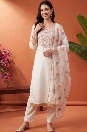 women ethnic motifs embroidered regular thread work kurta with trousers & with dupatta