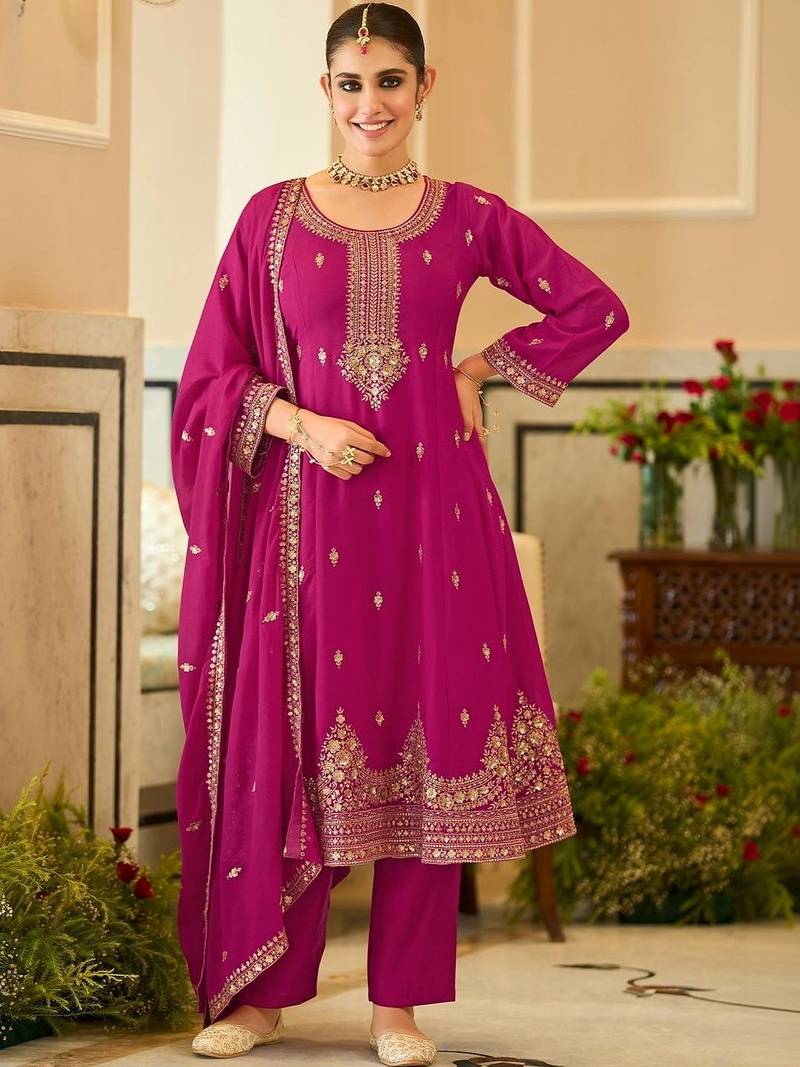 women ethnic motifs embroidered regular kurta with trousers & with dupatta