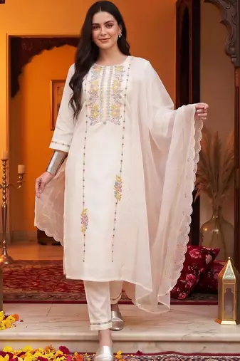 women ethnic motifs embroidered regular thread work cotton kurta with trousers & with dupatta