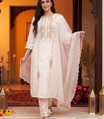 women ethnic motifs embroidered regular thread work cotton kurta with trousers & with dupatta