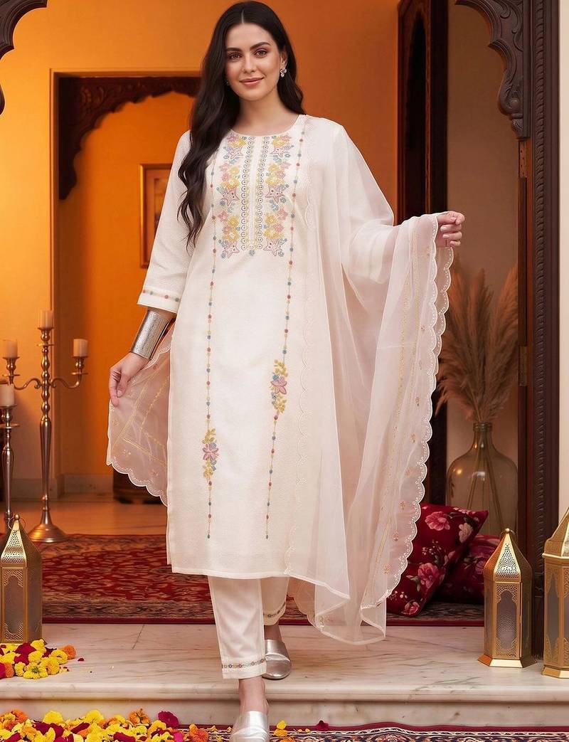 women ethnic motifs embroidered regular thread work cotton kurta with trousers & with dupatta