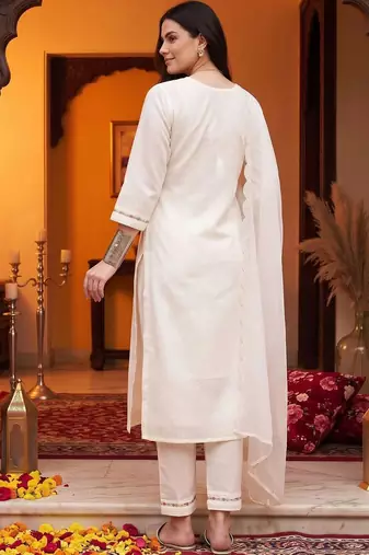 women ethnic motifs embroidered regular thread work cotton kurta with trousers & with dupatta