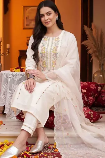 women ethnic motifs embroidered regular thread work cotton kurta with trousers & with dupatta