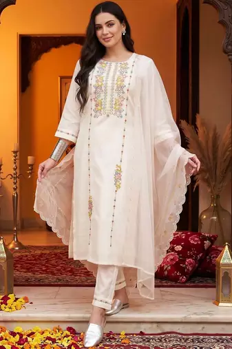 women ethnic motifs embroidered regular thread work cotton kurta with trousers & with dupatta