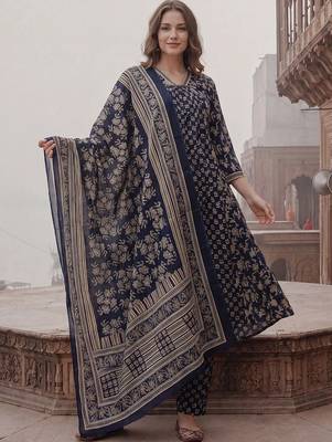 women ethnic motifs printed regular cotton kurta with trousers & with dupatta 1