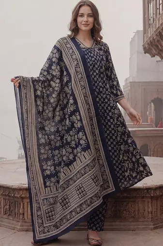 women ethnic motifs printed regular cotton kurta with trousers & with dupatta
