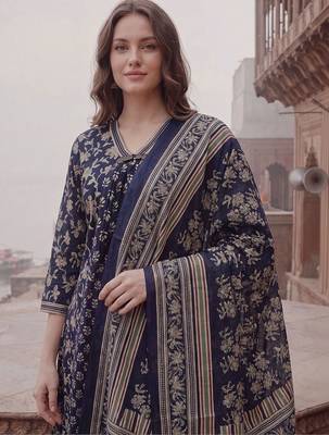 women ethnic motifs printed regular cotton kurta with trousers & with dupatta 2